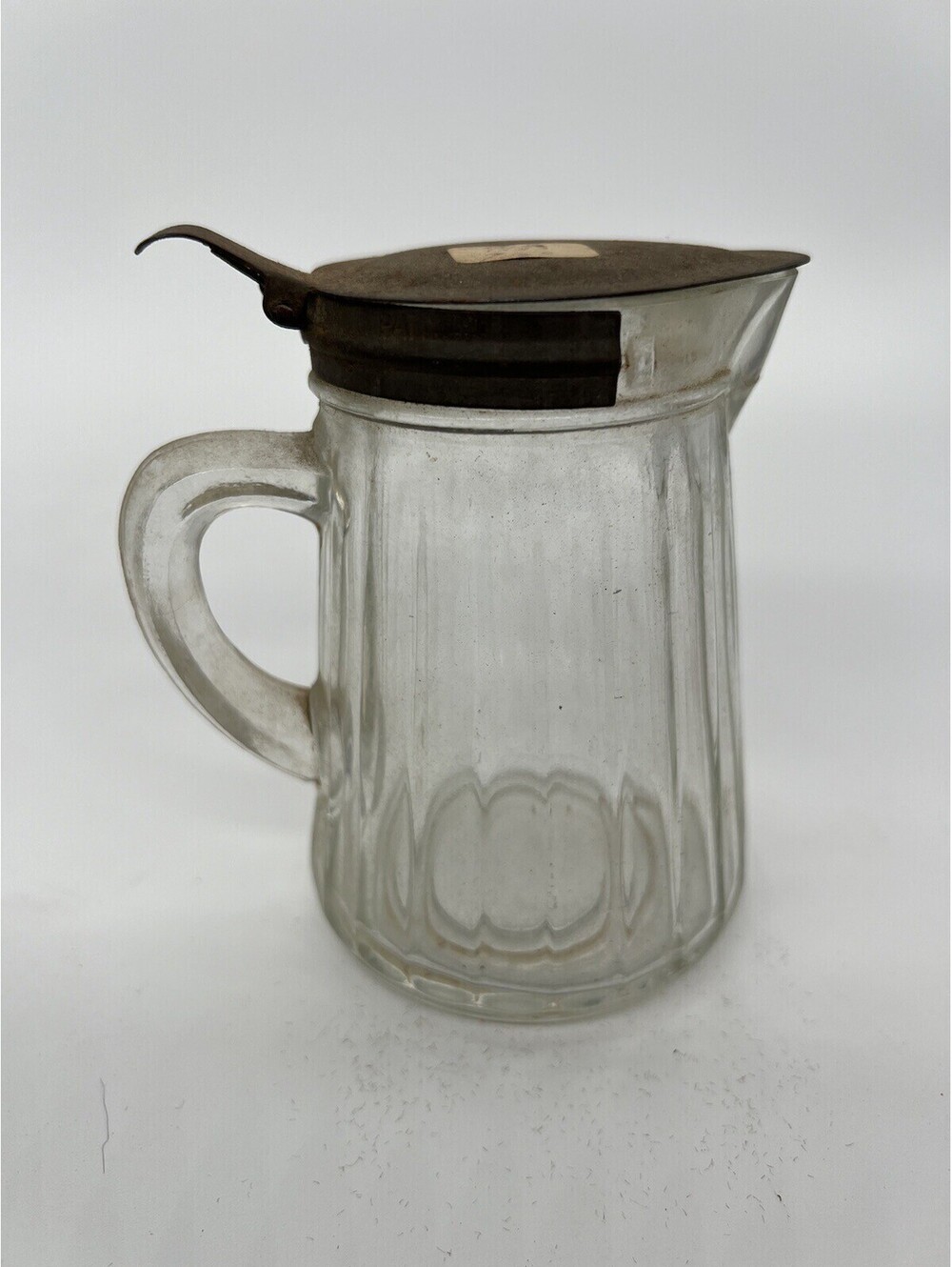Antique Primitive Ribbed Glass Syrup Pitcher with Tin Lid